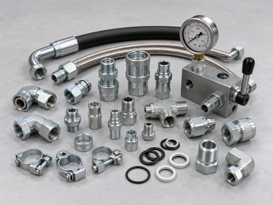 Hydraulic fittings, adapters, couplings, gauges and hose accessories