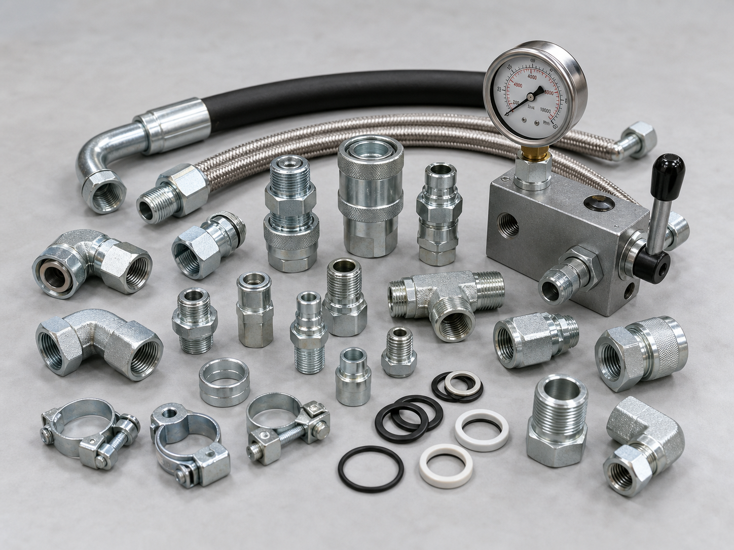 Hydraulic fittings, adapters, couplings, gauges and hose accessories